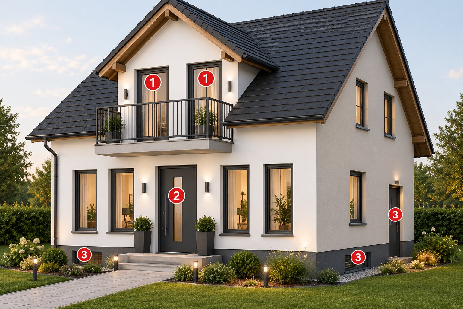 Einfamilienhaus mit markierten Sicherheitspunkten: Fenster und Balkontür (1), Haustür (2), Kellerfenster und Nebeneingänge (3)