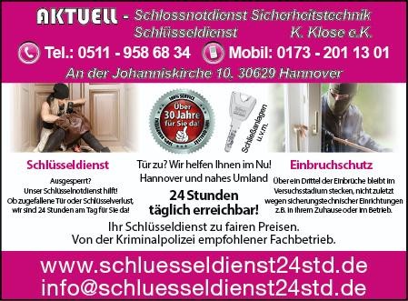 Visitenkarte von Aktuell Schlossnotdienst Sicherheitstechnik Schlüsseldienst K. Klose e.K.