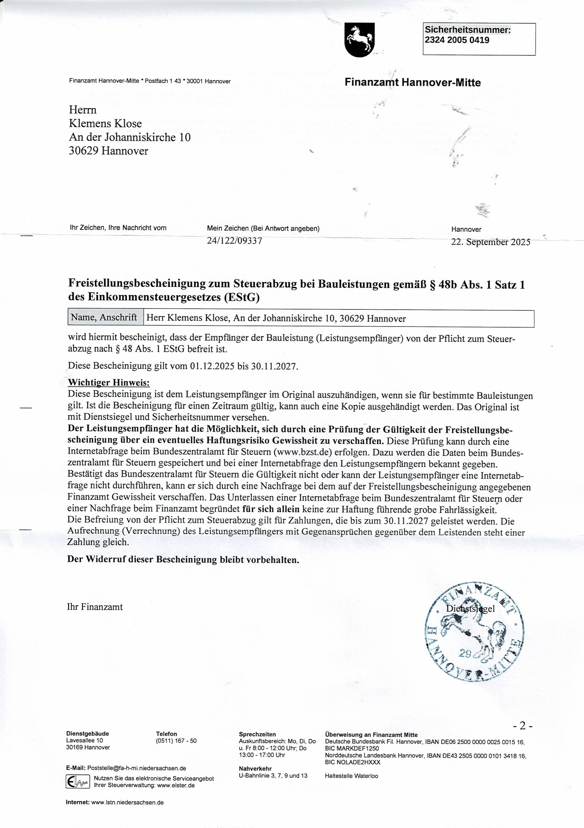 Aktuelle Freistellungsbescheinigung